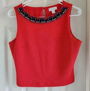 Bisou Bisou Red Crop Top Beaded Neckline Size M